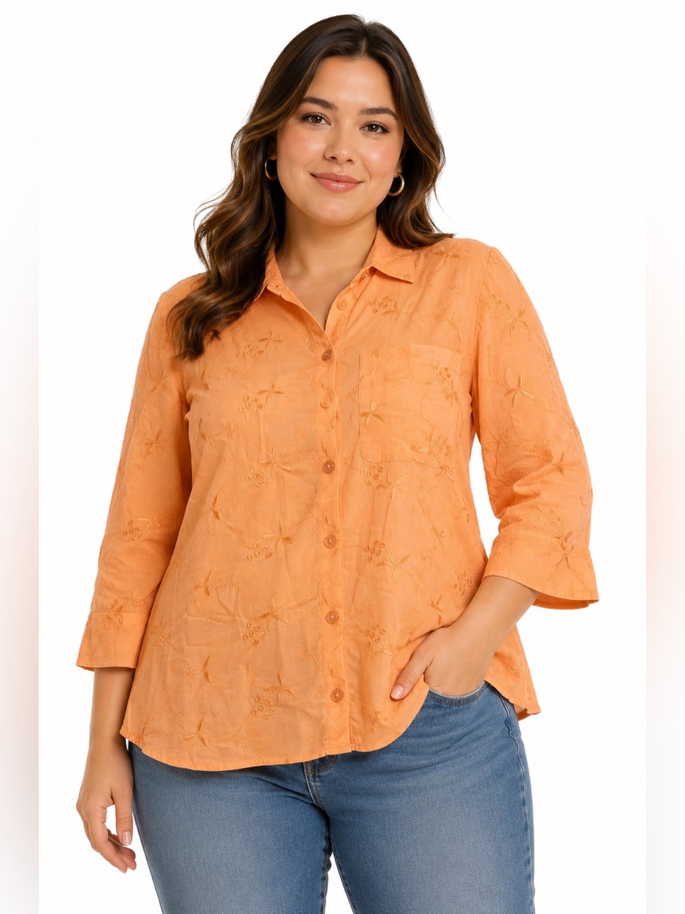 Y2K Vintage Silk/Ramie Embroidered Button Boho Blouse (Orange) Size Small